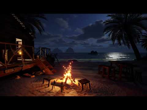 Tropical Beach Night Ambience | Crackling Fire & Waves Sounds for Relaxation & Sleep | 8 Hours