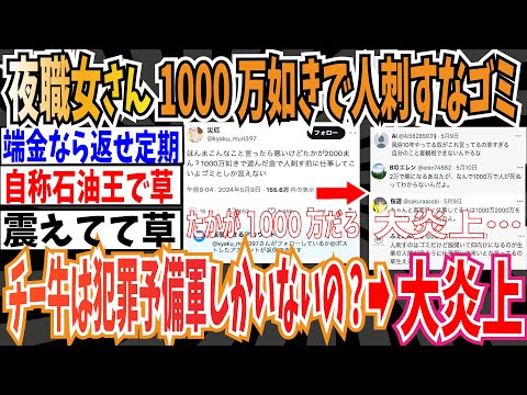 【炎上】夜職女さん「私からしたら『たかが』1000万如きで人刺すなよ。チー牛って犯罪者予備軍しかおらんの？」➡︎大炎上【ゆっくり 時事ネタ ニュース】