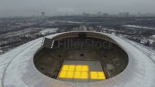 Aerial view of Luzhniki Stadium roof and Moscow winter cityscape, Russia