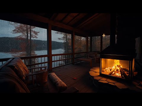 Relaxing Porch Rain by the Lake | Fireplace and Nature Sounds for Sleep