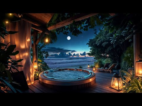 Moonlit Ocean Retreat: Cozy Jacuzzi Ambience with Gentle Waves and Starry Night