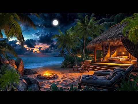 Moonlit Paradise 🌴 Tranquil Beachfront Retreat with Crackling Fire under a Starry Sky