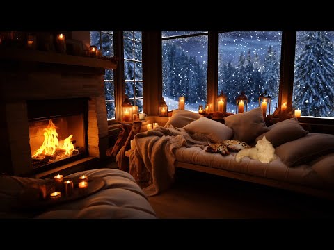 Light Snowstorm and  Crackling Fire with Candles - With Winter Wonderland View - Sleep, Relax, Study