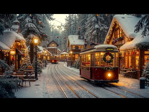 Holiday Jazz Music & Snowy ❄️A Train Station Town with Warm Café & Festive Streets Full of Lights🎄