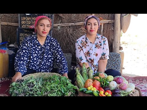 An autumn day with village girls and cooking traditional food and pomegranate dessert