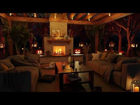 Cozy Autumn Evening On Covered Terrace With Rain, Fire & Falling Leaves - Halloween Ambience