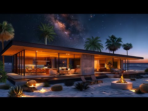 High Class Beach Villa Overlooking the Sea | Beach Night Serenity with Cozy Fireplace | ASMR