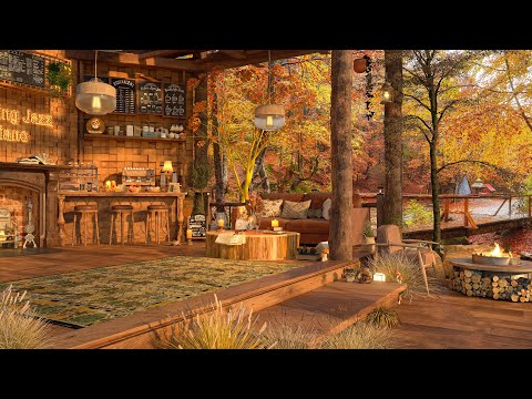 4K Cozy Cabin Porch at Coffee Shop Ambience ☕ Relaxing Background Jazz Music to Relax, Study, Work