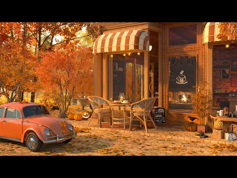 A Cozy Autumn Porch by the Coffee Shop Ambience 4K 🍁 Jazz Music for Relaxing, Studying and Working