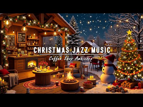 Relaxing Christmas Jazz 🎄 Christmas Coffee Shop Ambience with a Cozy Fireplace and Gentle Snowfall