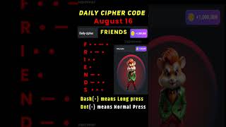 16 August hamster kombat daily cipher combo | Daily cipher hamster kombat today | 5 million coins