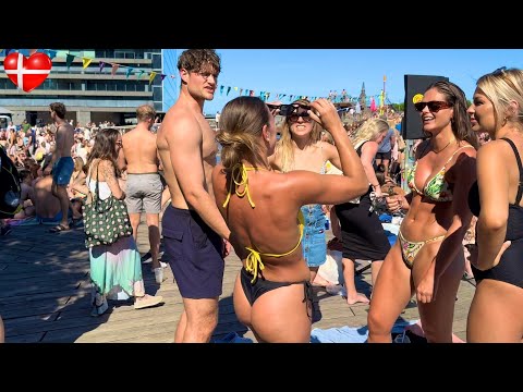 Heat Wave 🇩🇰 Kalvebod Brygge Harbour Bath Beach | Copenhagen Denmark, 4k Walk | Bikini Beach 2024