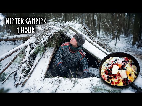 1 Hour Relaxing Winter Camping in SNOW & RAIN 🌨 ASMR Bushcraft