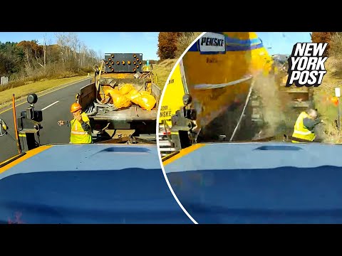 Shocking video captures moment NY highway worker escapes death as truck obliterates DOT vehicles