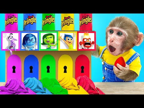 KiKi Monkey play Four Colors Pringles Potato Machine with Inside Out character | KUDO ANIMAL KIKI