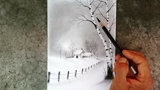 Birch tree landscape drawing for beginners by pencil.