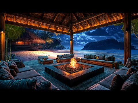 Tranquil Coastal at Night in Cozy Porch with Fireplace |  Calming Wave 🌊 Hideout Beach Landscape