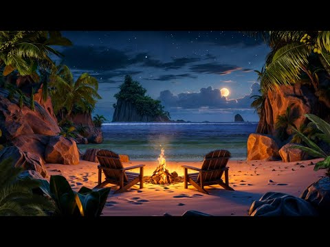 Cozy Beach Bonfire Under the Stars🔥| Hidden Shore with Soothing Ocean Waves | Nature ASMR 🌊