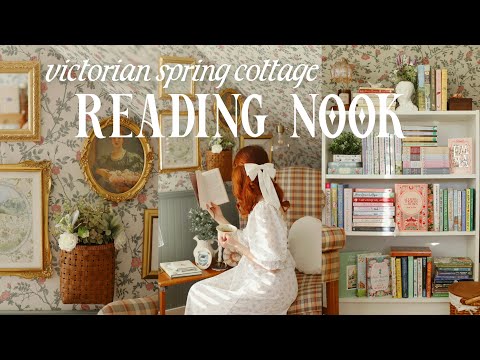 a cozy spring cottage reading nook 💐📖 organizing my bookshelves *cottagecore/manor house inspired*