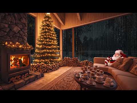 Holiday Rain by the Fireplace: Relaxing Rain and Gentle Wind in a Snowy Forest Cabin