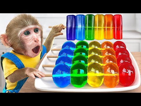 KiKi Monkey make So Sweet Rainbow Jelly Dessert at Watermelon pool with Duckling | KUDO ANIMAL KIKI