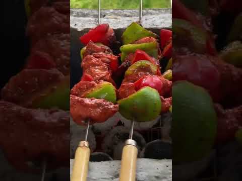 Sizzling shashlik grilled on a village bbq#shashlick #bbq #grill #villagecooking