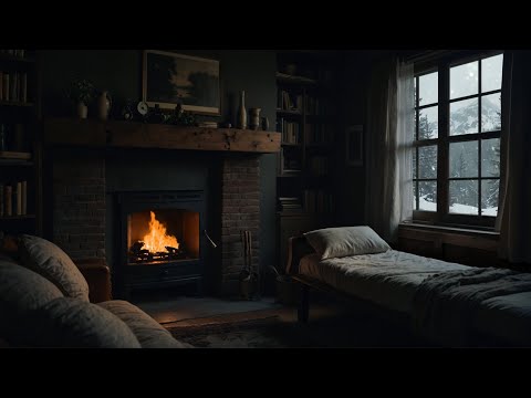 Snowy Winter Fireplace & Wind Ambience | Relaxing Fire and Blizzard Sounds in a Cozy Home