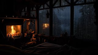 Cozy Warm Ambience ASMR in Cabin Night Room | Rain Falls at Night Forest help to Fall Asleep