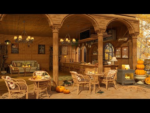 Autumn Coffee Shop Ambience 4K ☕️ Relaxing Jazz Music to Relax/Study/Work to