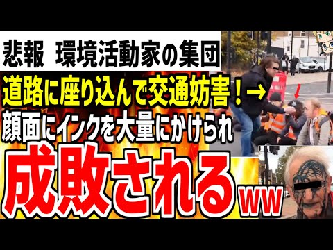 【環境活動家さん】道路を座り込みで交通妨害した結果インクをかけられ成敗されてしまうｗ涙目敗北した姿がダサすぎると話題にｗ【ゆっくり解説】