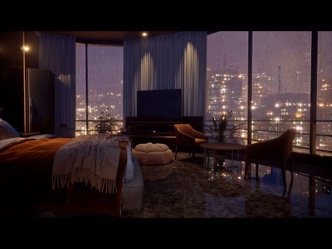 Spend The Night In A Apartment Bedroom Overlooking The City's Night View | Heavy Rain Sounds