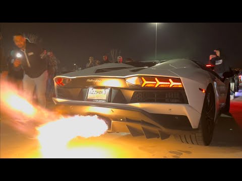 Lamborghini Aventador shooting flames at TX2K22 pre meet