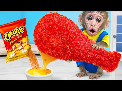 KiKi Monkey make Delicious Cheesy Hot Cheetos Fried Chicken to ASMR Mukbang | KUDO ANIMAL KIKI