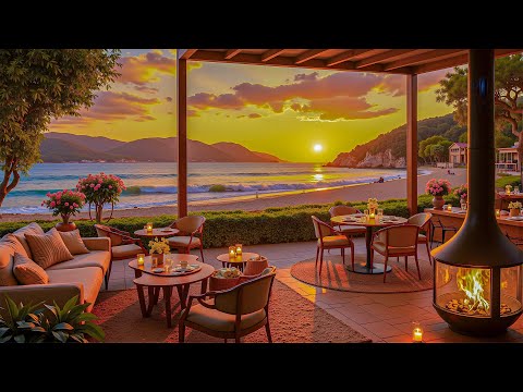 Vibrant Jazz At Beach Coffee Shop | Jazz & Ocean Waves With Sunset For A Refreshing October Vibe