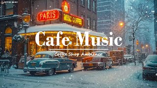 Snowy Christmas Evening at Paris Coffee Shop🎵Vintage Jazz Music, Cozy Lights & Winter Holiday