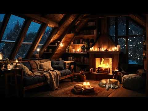 Gentle Snowstorm and Crackling Fireplace in a Cozy Wooden House - Winter Ambience