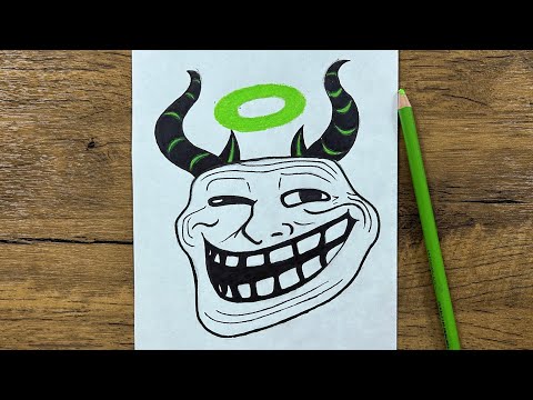 Creepy art | How to draw troll face withe horns step-by-step