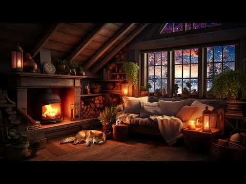 Cozy Winterhut with Snowstorm, Crackling Fire, sleeping Dog & Cat - Winterambience for Sleep & Relax