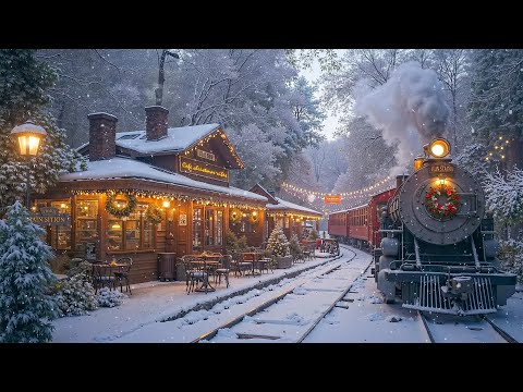 Cozy Christmas Ambience at a Train Track Café with Relaxing Christmas Jazz Music & Peaceful Snowfall