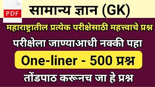 सामान्य ज्ञान महत्त्वाचे प्रश्न | Gk & Current Affairs Important Questions | GK Questions 2024