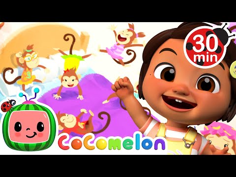 Five Little Monkeys Jumping on the Bed | with Nina and JJ | Cocomelon Nursery Rhymes for Kids