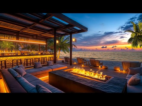 Tropical Firepit Lounge by the Ocean: Sunset Vibes with Gentle Waves, Ocean Breeze 🌅