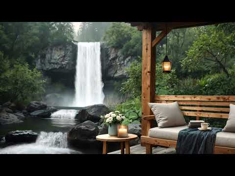 Calm Waterfall Flowing Over Rocks Ambience | Serene Pavilion & Forest Sounds for Relaxation