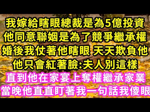 我嫁給瞎眼總裁是為5億投資，他同意聯姻是為了競爭繼承權，婚後我仗著他瞎眼 天天欺負他，他只會紅著臉:夫人別這樣！直到他在家宴上奪權繼承家業，當晚他盯著我一句話我傻眼#甜寵#灰姑娘#霸道總裁#愛情#婚姻