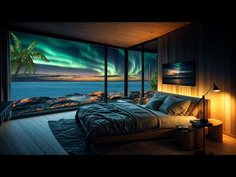 Dreamy Coastal Escape | Aurora Views from a Cozy Luxury Bedroom by the Ocean | Deep Ocean Sounds