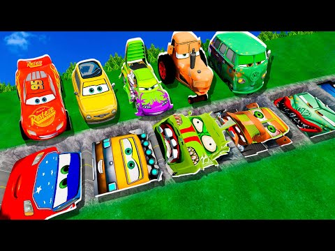 Mega pits with McQueen and Pixar Cars Vs Big & Small Lightning McQueen! BeamNG Drive Battle!