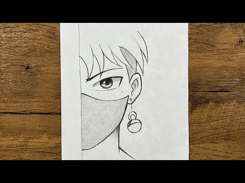 Easy anime drawing ~ How to draw anime character wearing face mask step-by-step