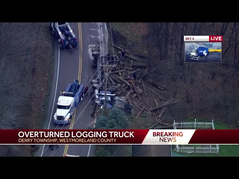 Logging truck overturns, spills logs off road in Westmoreland County