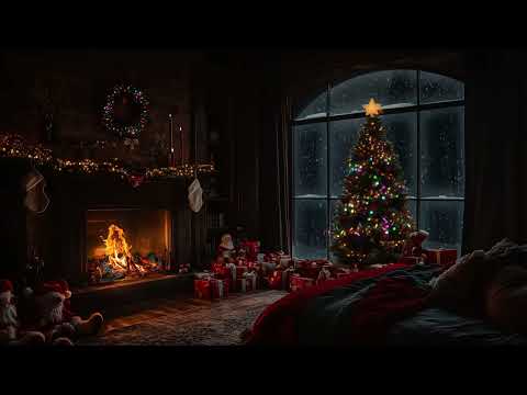 Cozy Room in Chirstmas | Christmas Ambience with Fire Crackling & Snow for Relaxation