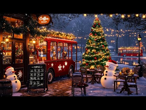 Warm Christmas Jazz Music 🎄 Snowy Christmas Coffee Shop Ambience for a Peaceful Evening